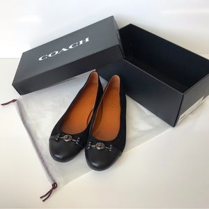 COACH Leila Size 8.5B Black Suede Leather Toe Ballet Flats Metal Buckle Accent